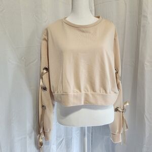 SweatyRocks Size Medium Women's Cream Long Sleeve Sweatshirt with Ribbon Details